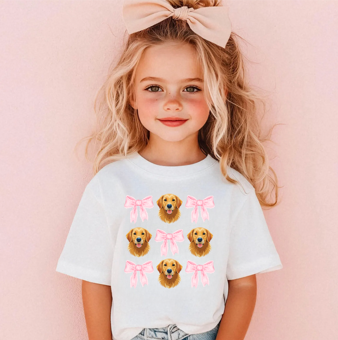 Golden Retriever Dog Pink Bow T-Shirt for Girls