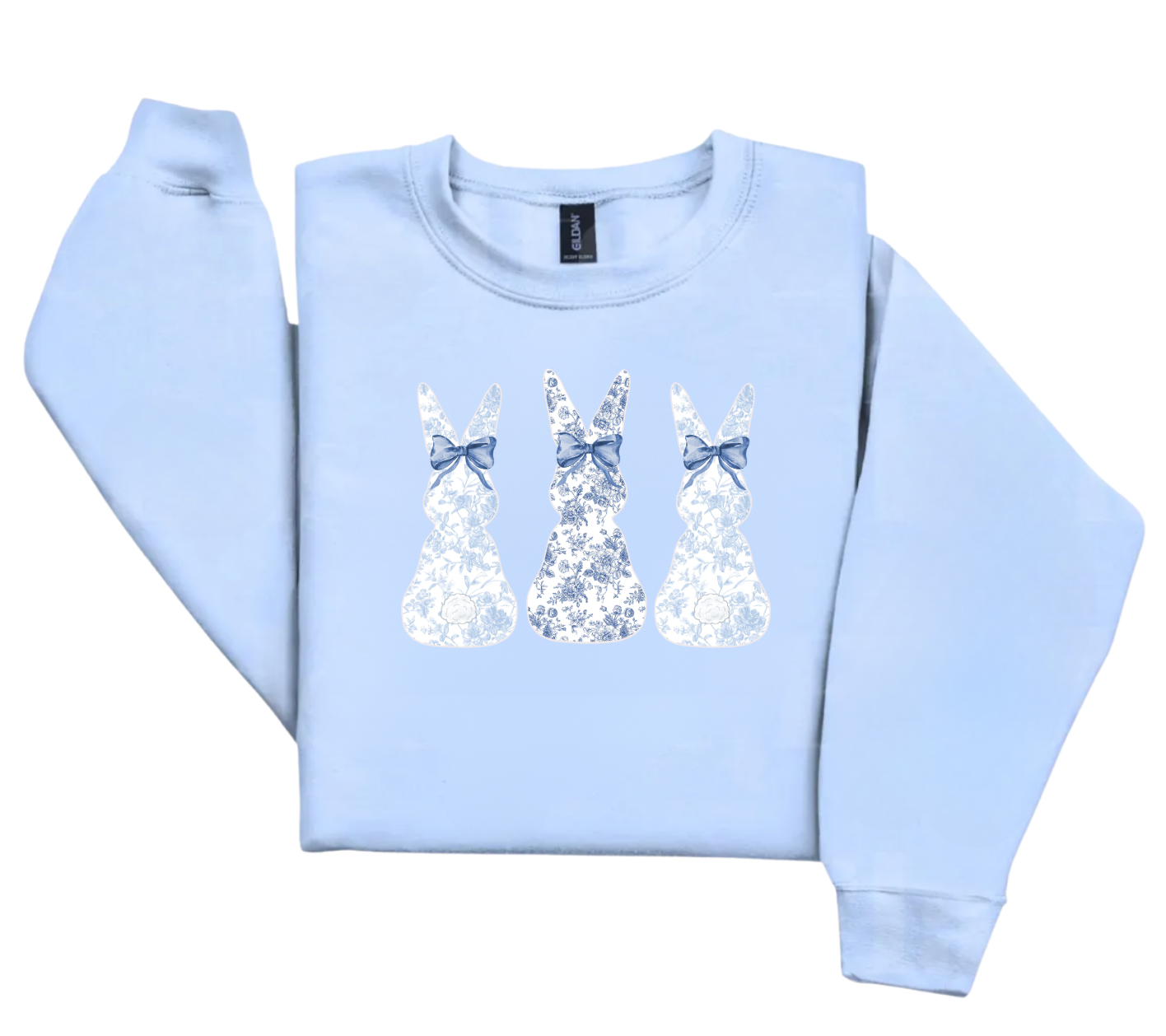 Blue Floral Bunny With Bow Easter Light Blue Crewneck