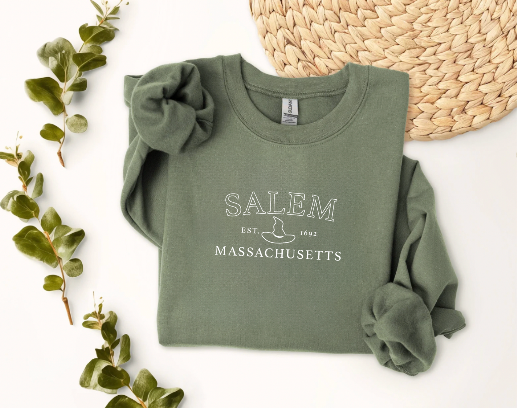 Salem, MA Witches Halloween Olive Green Crewneck