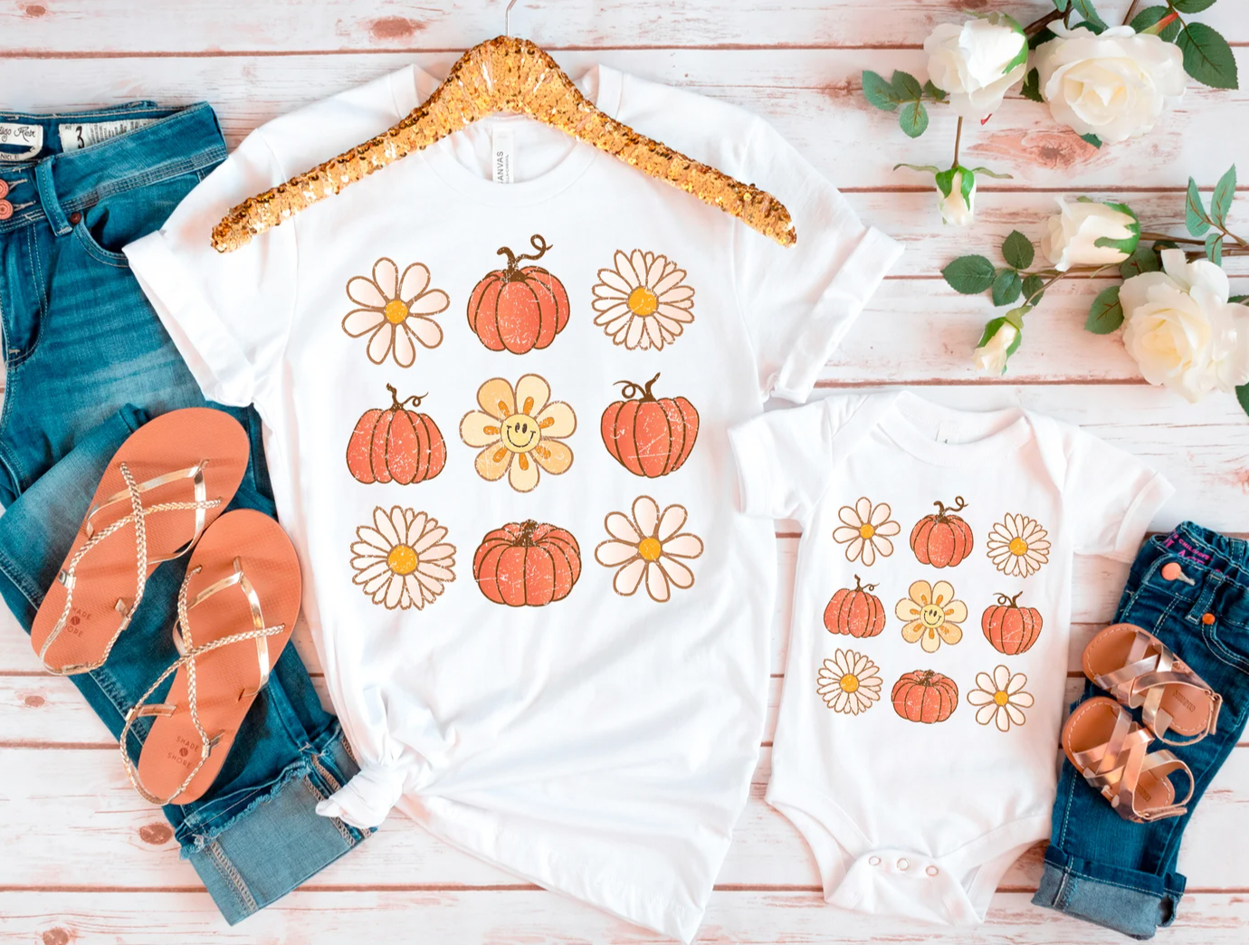 Fall Pumpkin and Smiley Face Matching Mama & Mini Matching White Shirts