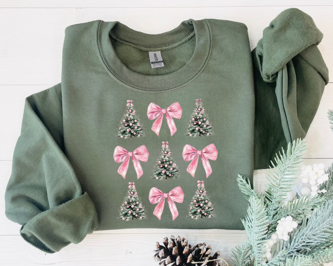 Pink Bow Christmas Tree Olive Green Crewneck
