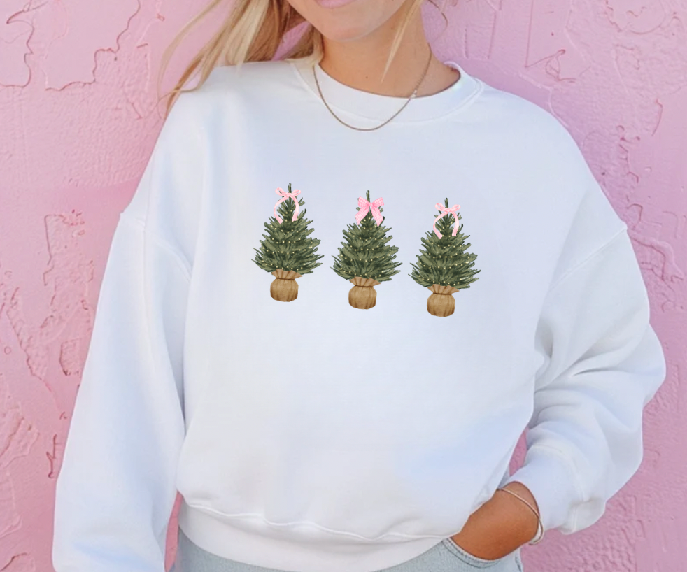 Pink Bow Christmas Tree Christmas White Crewneck