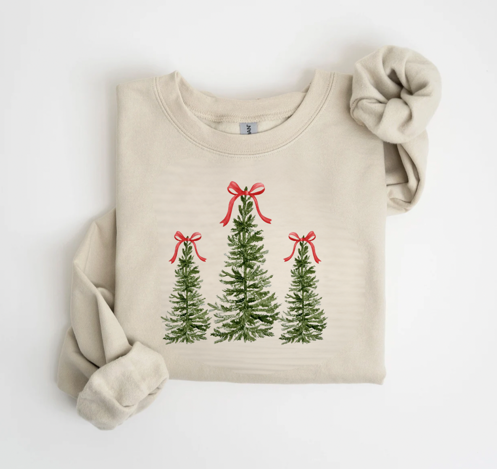 Christmas Tree Red Bow Cream Crewneck