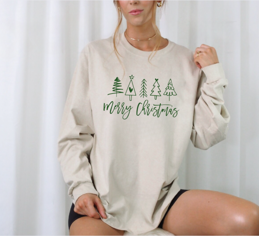 Merry Christmas Tree Tan Long Sleeve Shirt