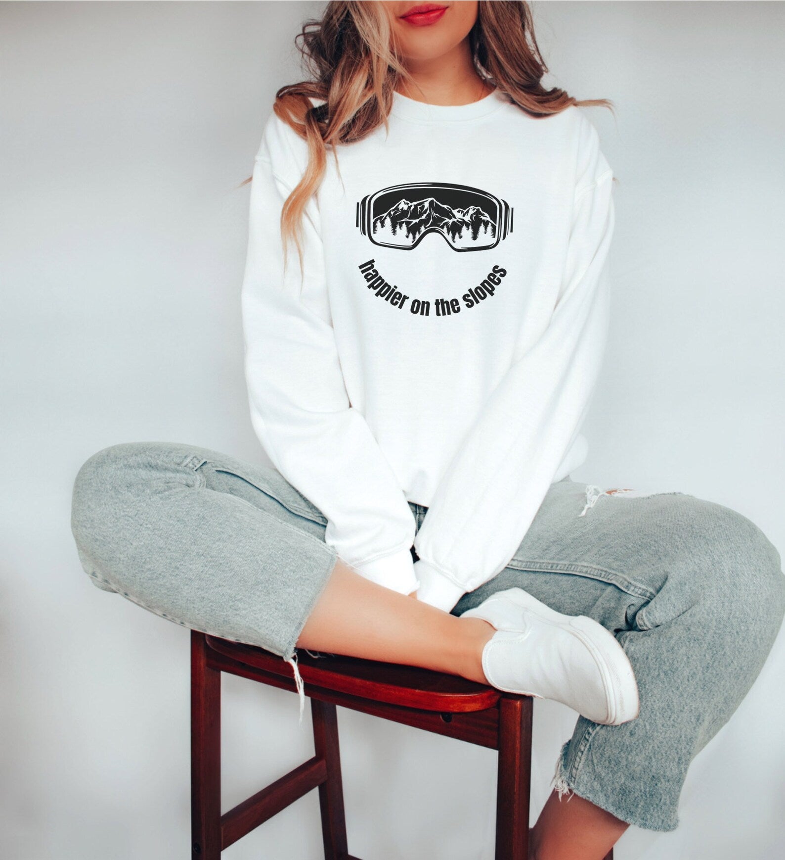Happier on the Slopes White Winter Skiing Crewneck