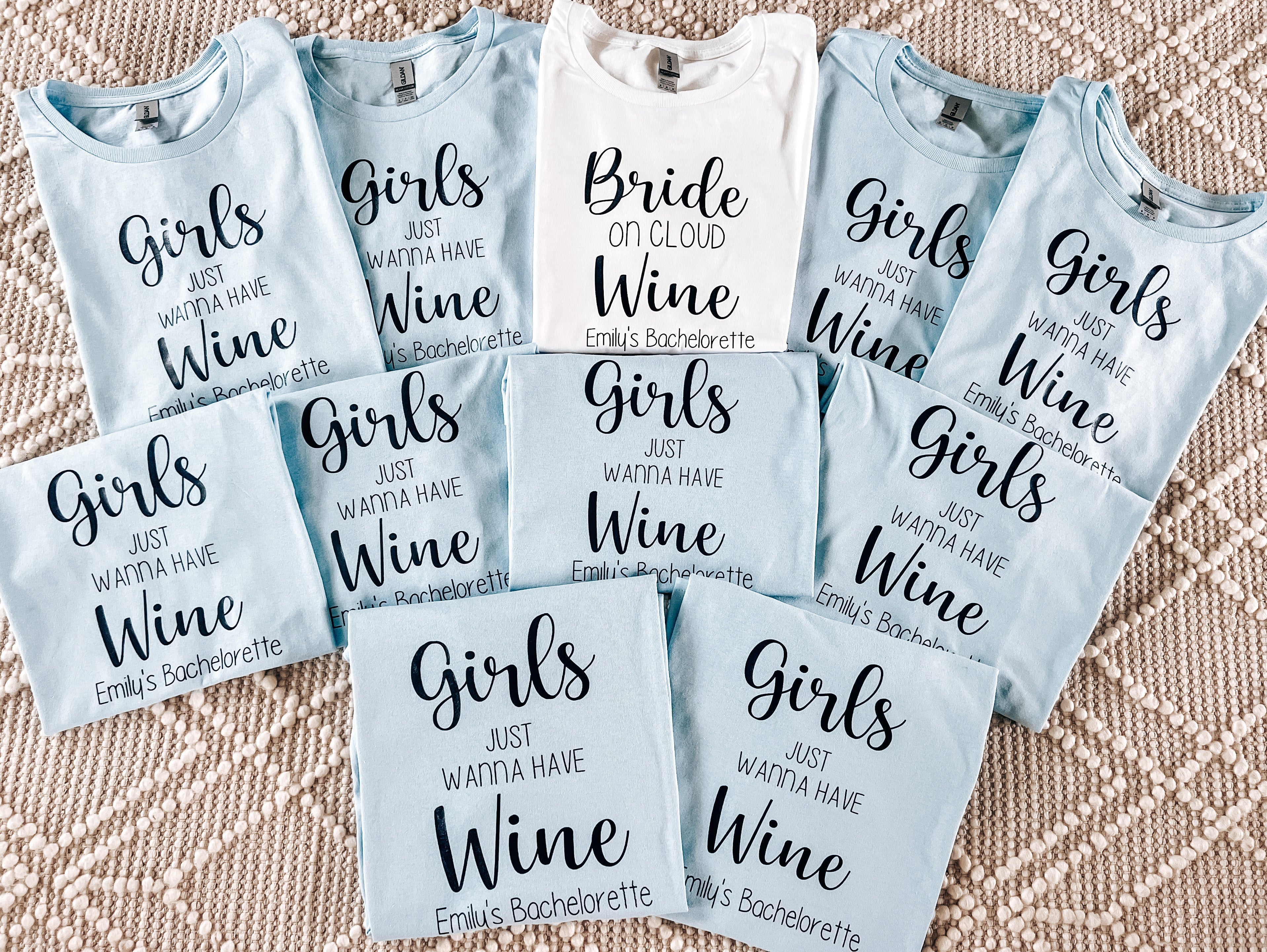 Girls Just Wanna Have Wine Light Blue Personalized Bachelorette Shirts