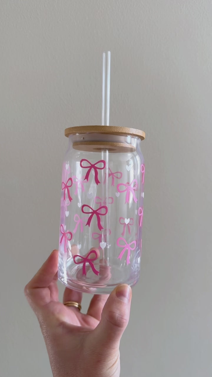 Coquette Pink Bow Glass With Bamboo Lid & Glass Straw | Simply Stitched ...