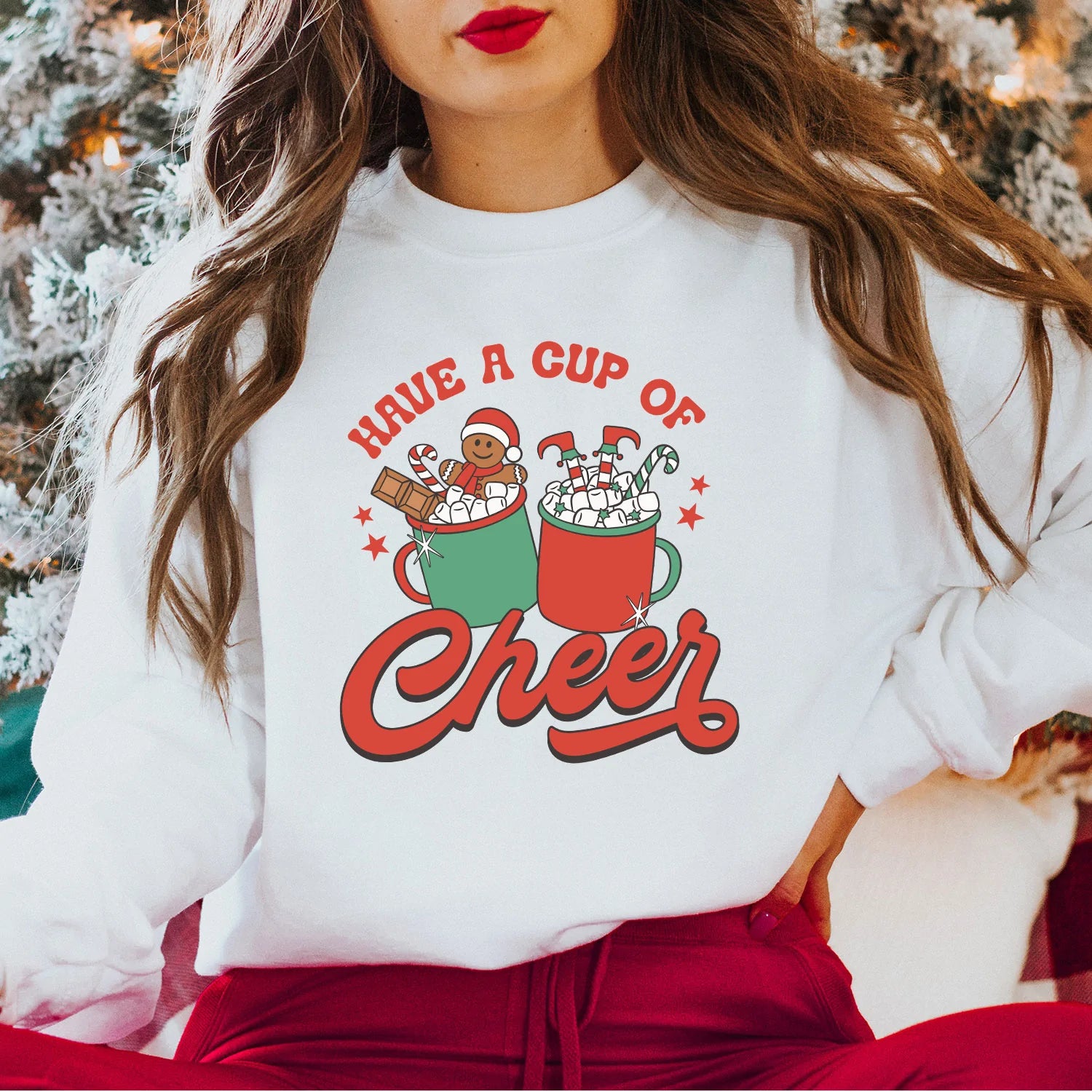 Have a Cup of Cheer Christmas Tree White Crewneck