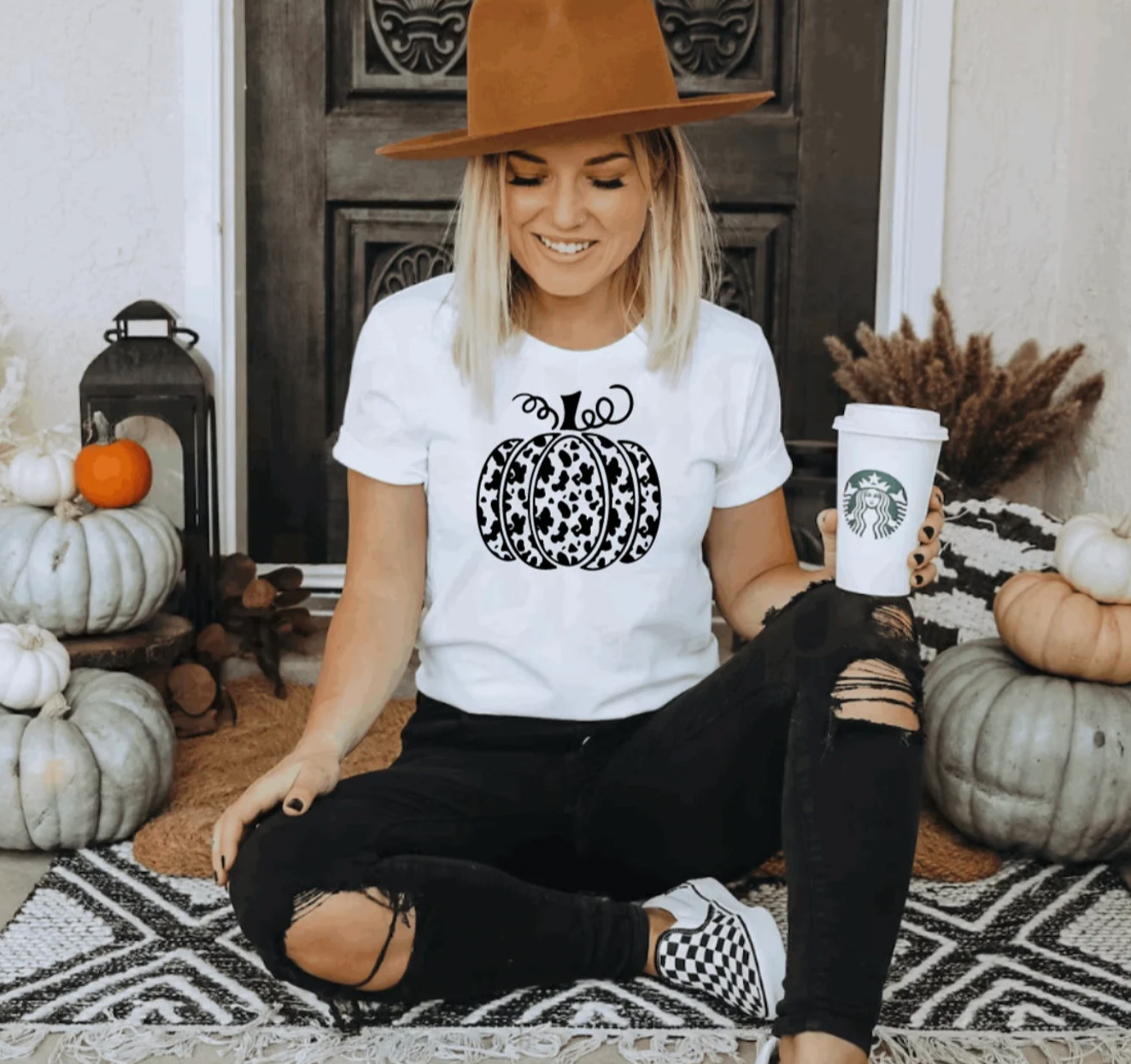 Cow Print Pumpkin Country White Shirt