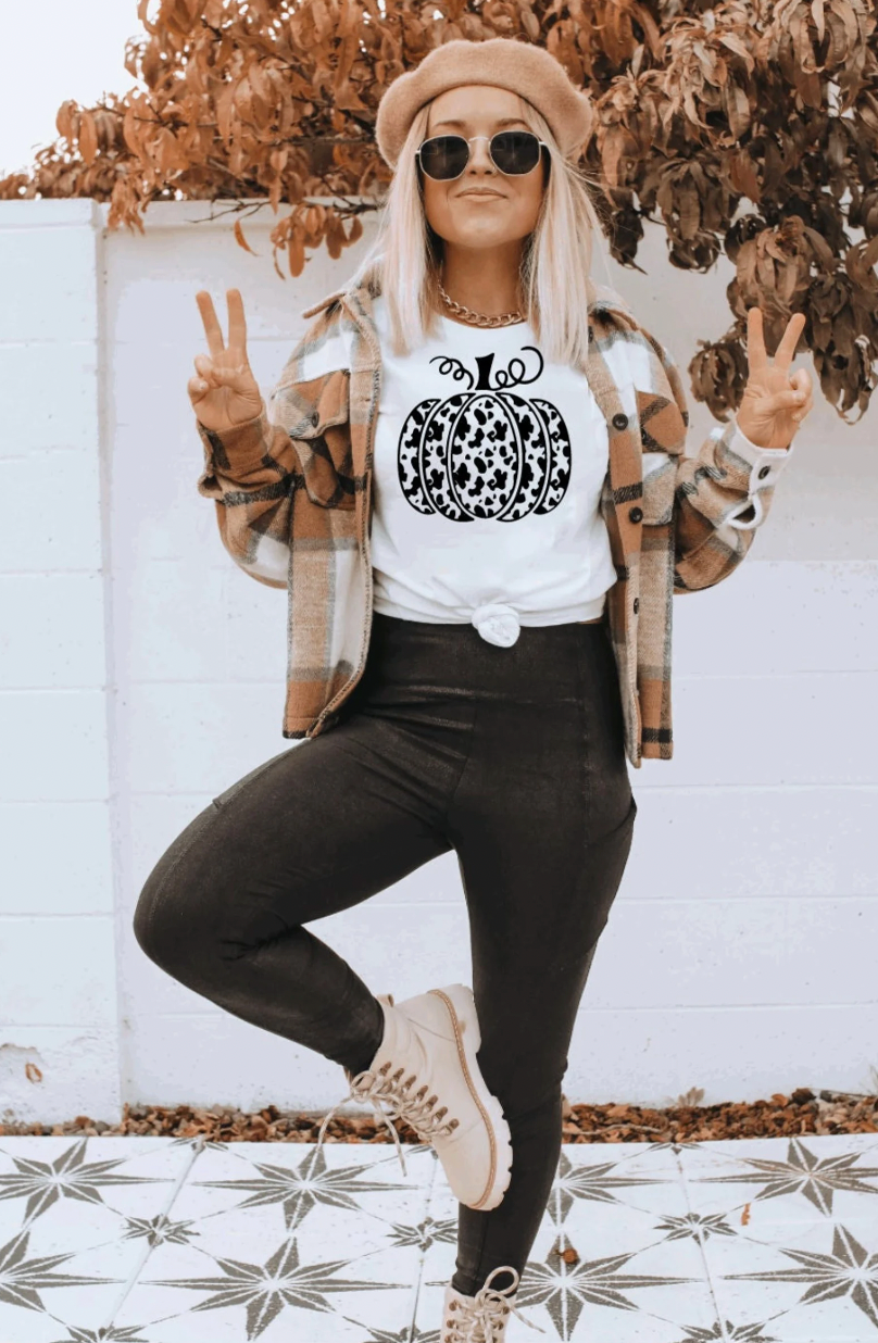 Cow Print Pumpkin Country White Shirt