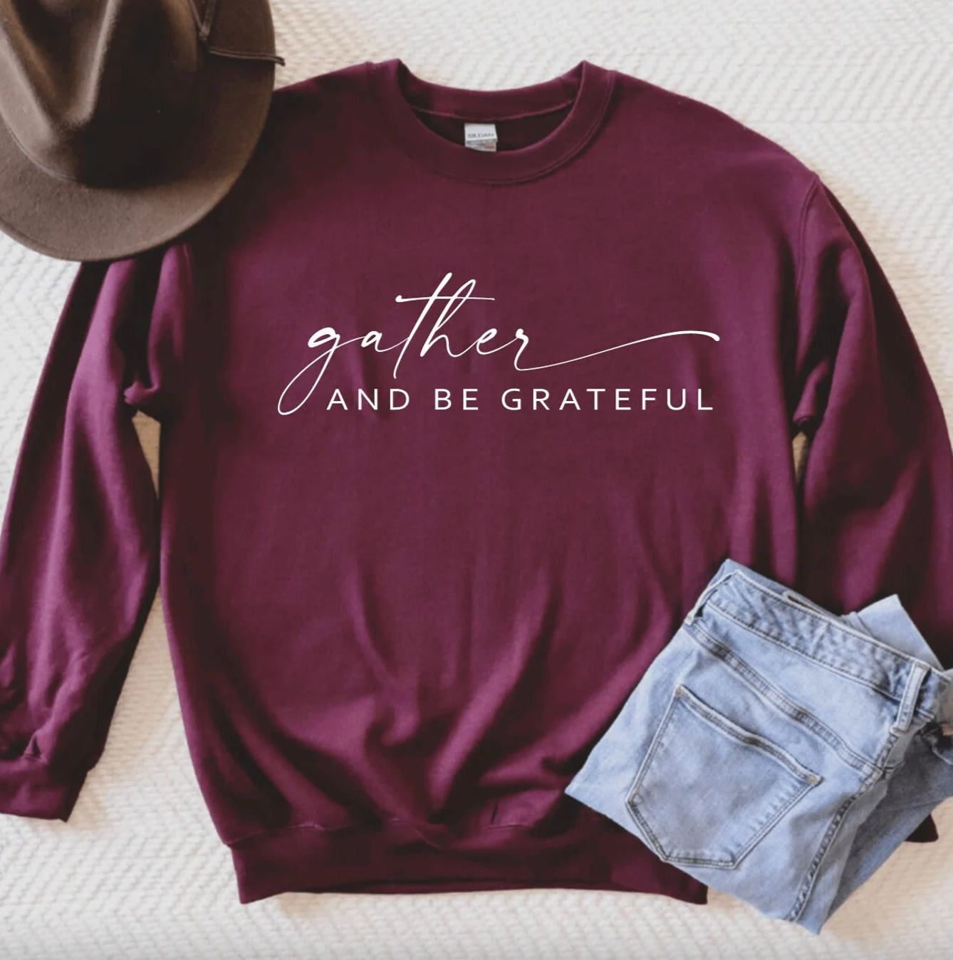 Gather And Be Grateful Maroon Thanksgiving Crewneck