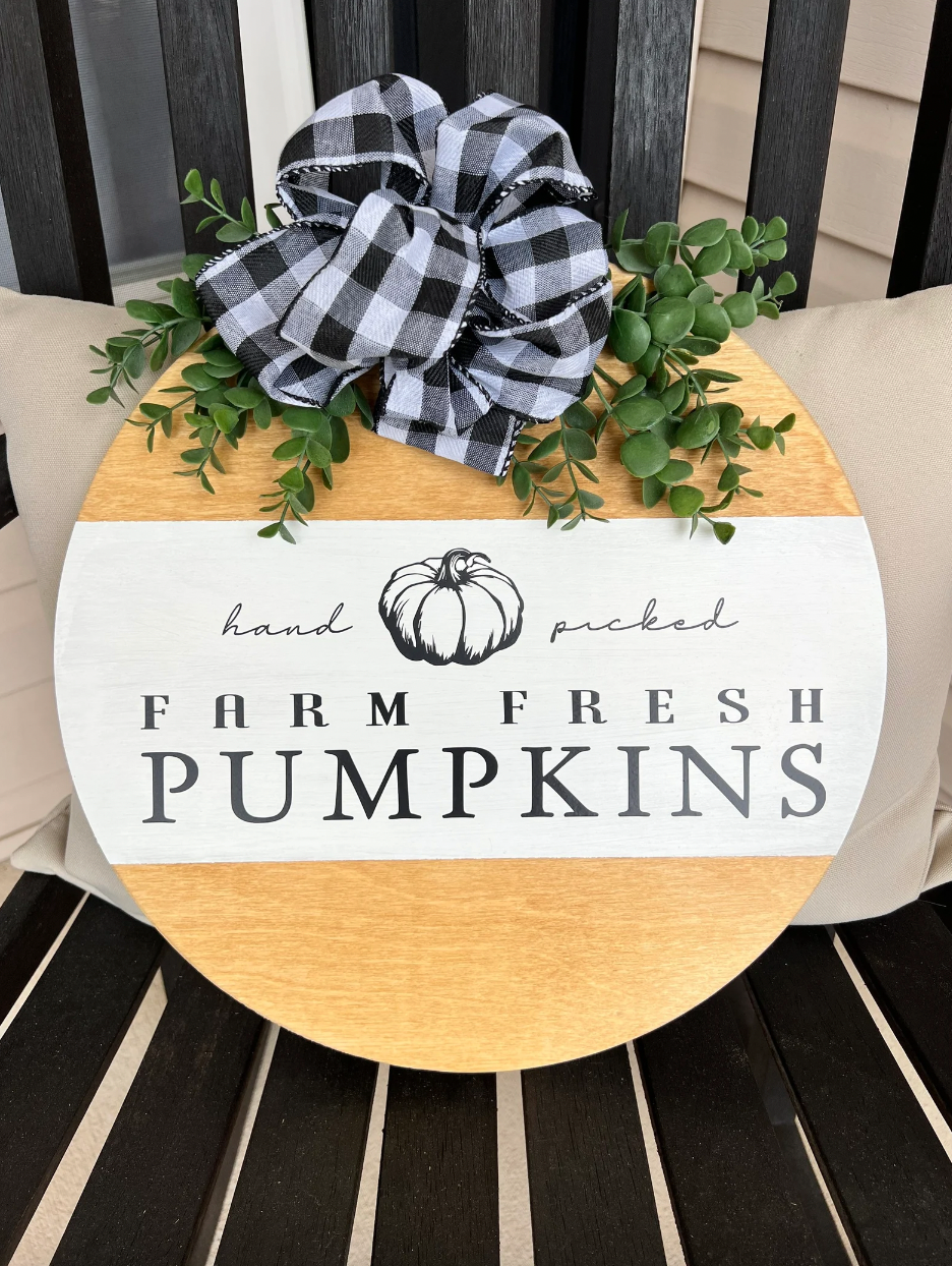 Hand Picked Farm Fresh Pumpkins Wooden Round Door Sign
