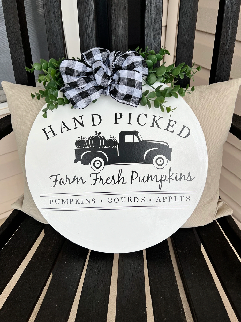 Hand Picked Farm Fresh Pumpkins Fall Round Wooden Door Sign