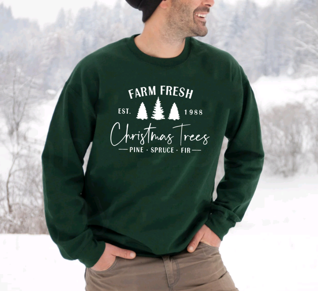Mens Farm Christmas Tree Green Crewneck