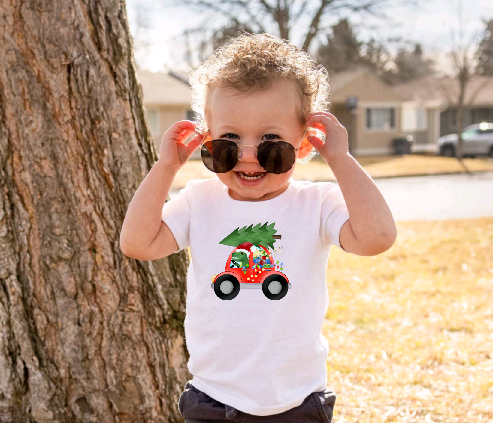 Dinosaur Christmas Car Shirt for Toddlers