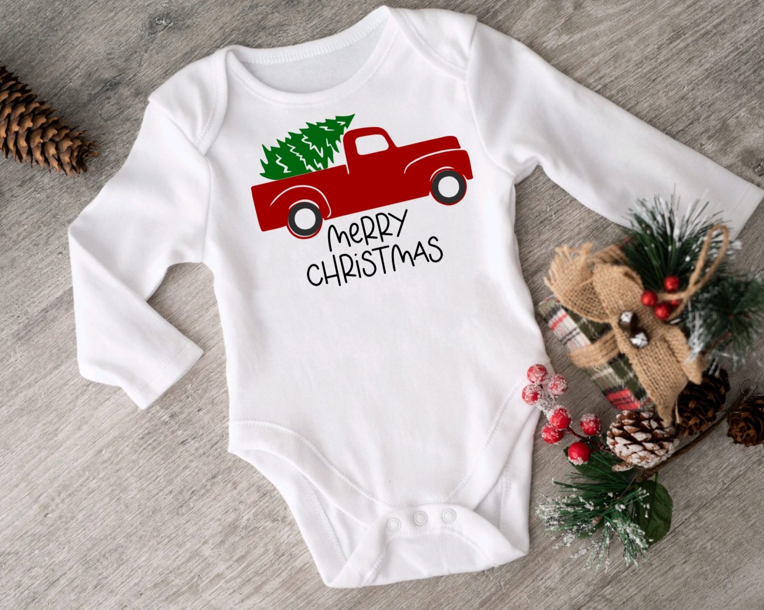 Merry Christmas Red Truck White Bodysuit for Babies