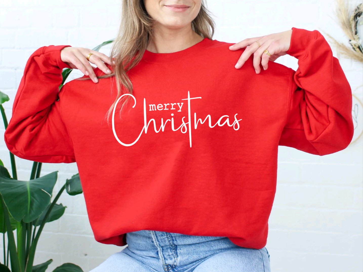 Merry Christmas Religious Cross Red Crewneck