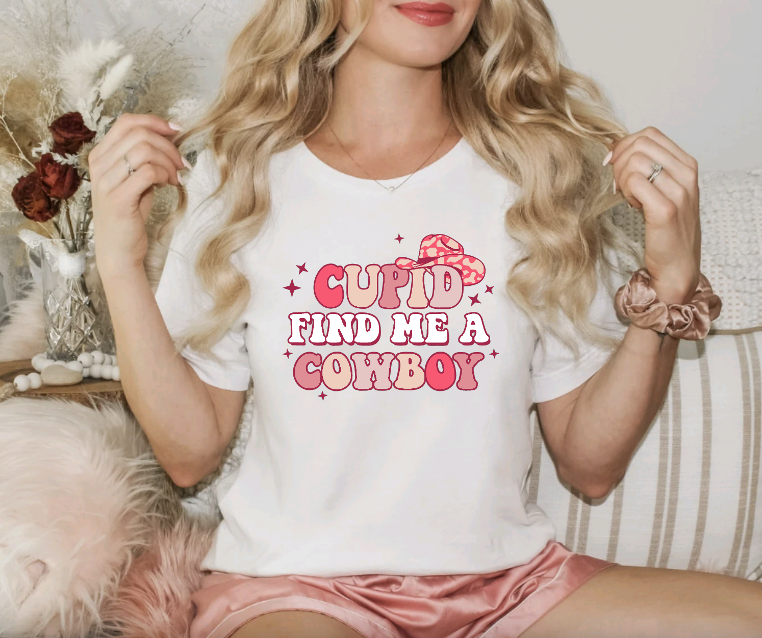 Cupid Find Me a Cowboy White Valentine's Day Tee