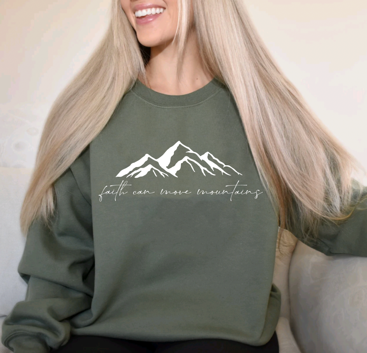 Faith Can Move Mountains Olive Green Crewneck