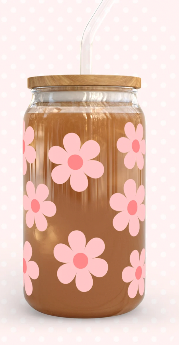 Daisy Cup With Bamboo Lid & Glass Straw