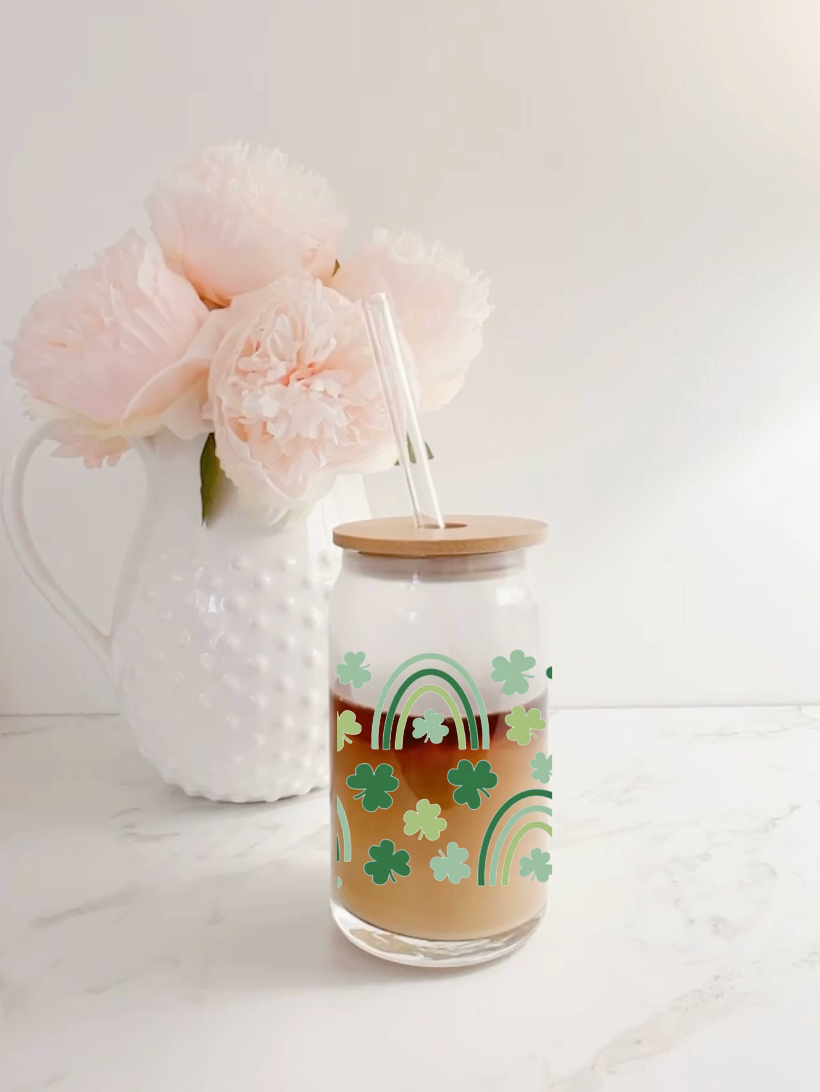 Saint Patricks Day Cup With Bamboo Lid & Glass Straw