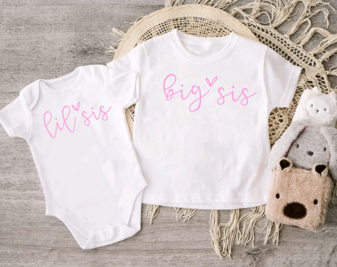 Big Sis Little Sis White and Pink Matching Shirts for Sisters