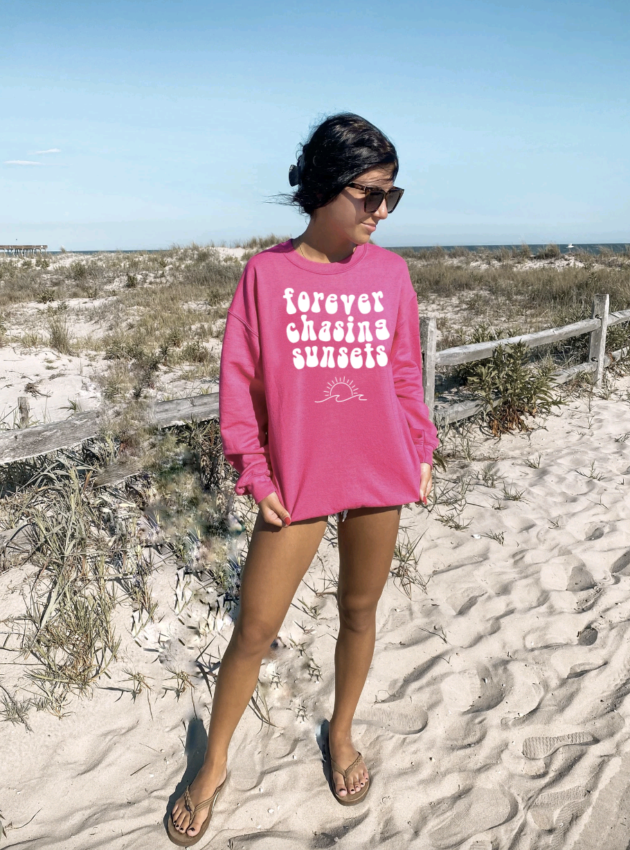 Forever Chasing Sunsets Hot Pink Crewneck