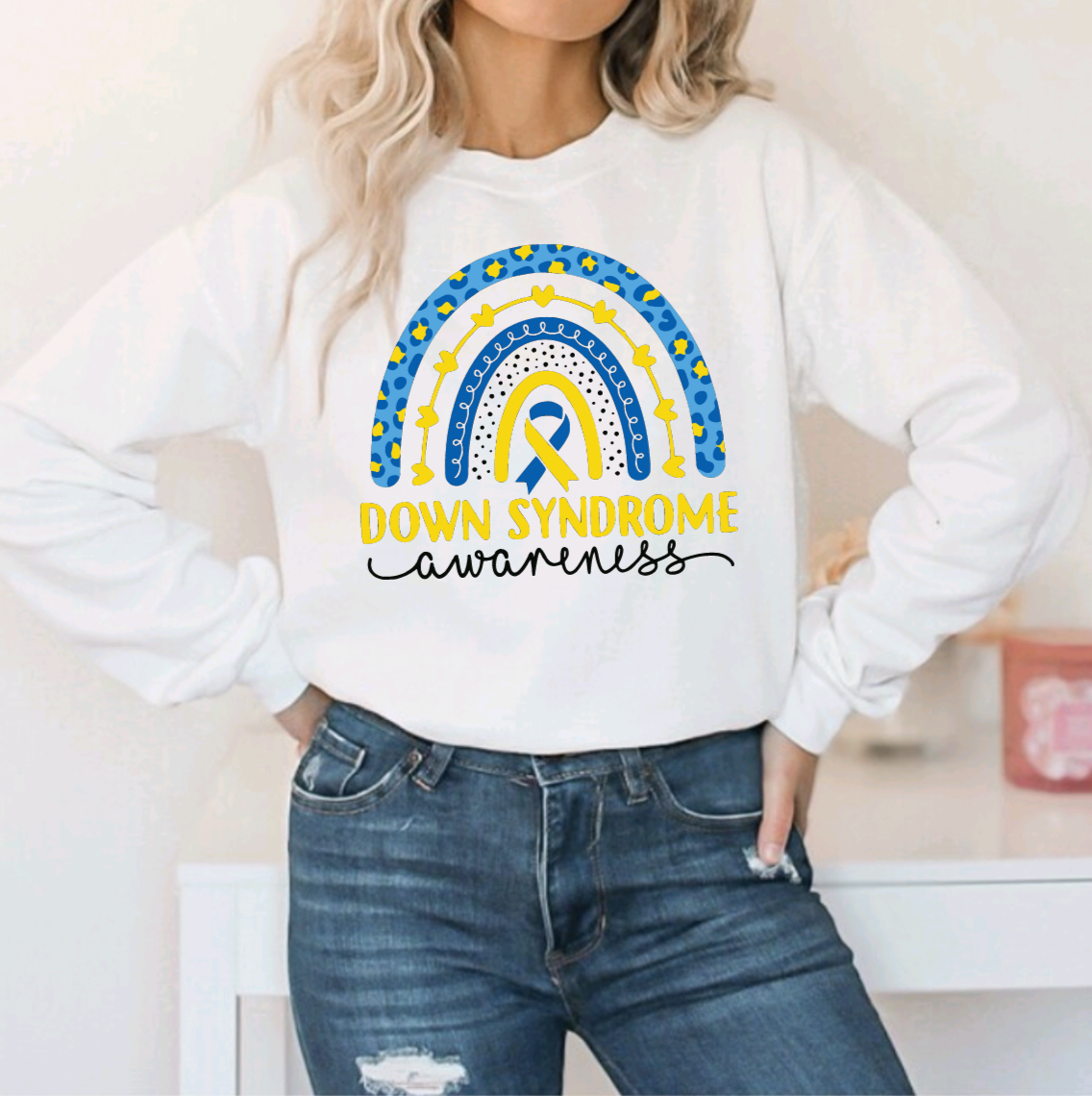 Rainbow Down Syndrome Awareness White Crewneck