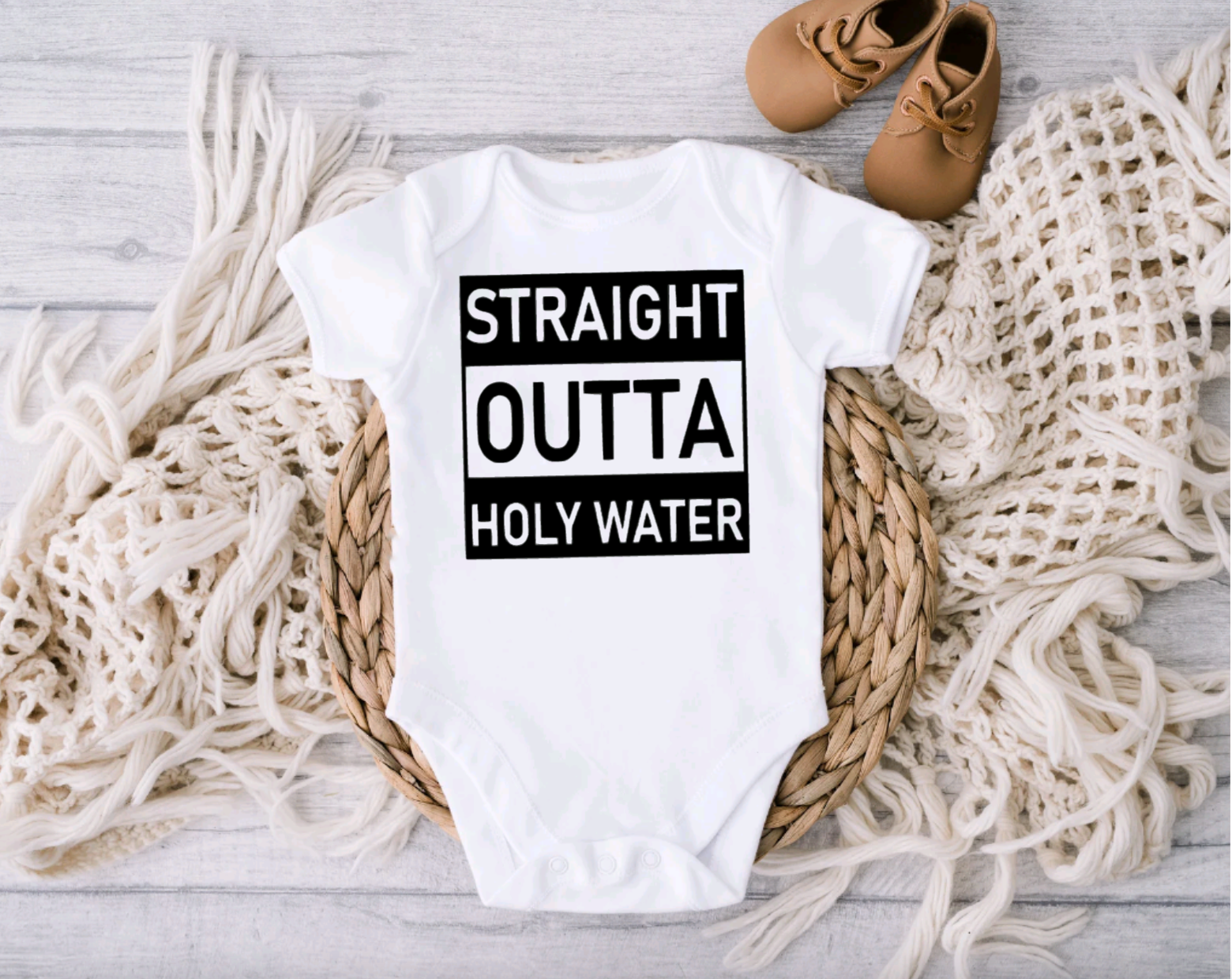 Straight Outta Holy Water Baptism Bodysuit for Babies