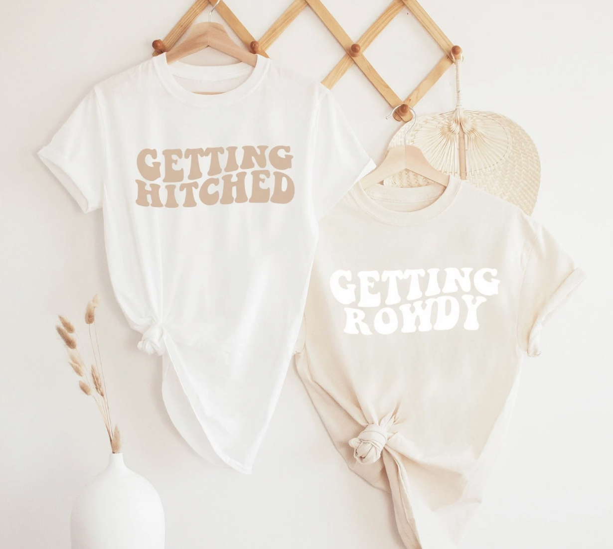 Tan and White Getting Hitched Getting Rowdy Matching Bachelorette Shirts for Bachelorette Party