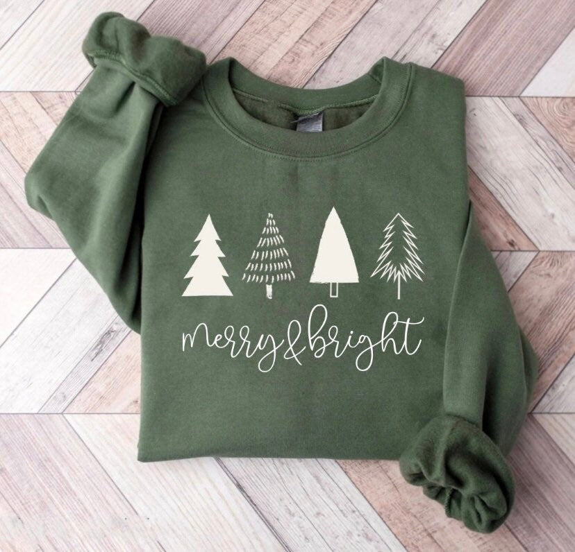 Merry & Bright Olive Green Christmas Tree Crewneck