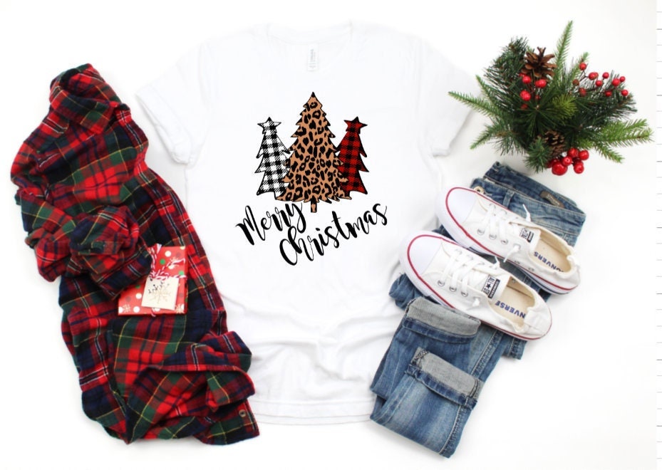 Merry Christmas Cheetah Buffalo Plaid White Christmas Tee