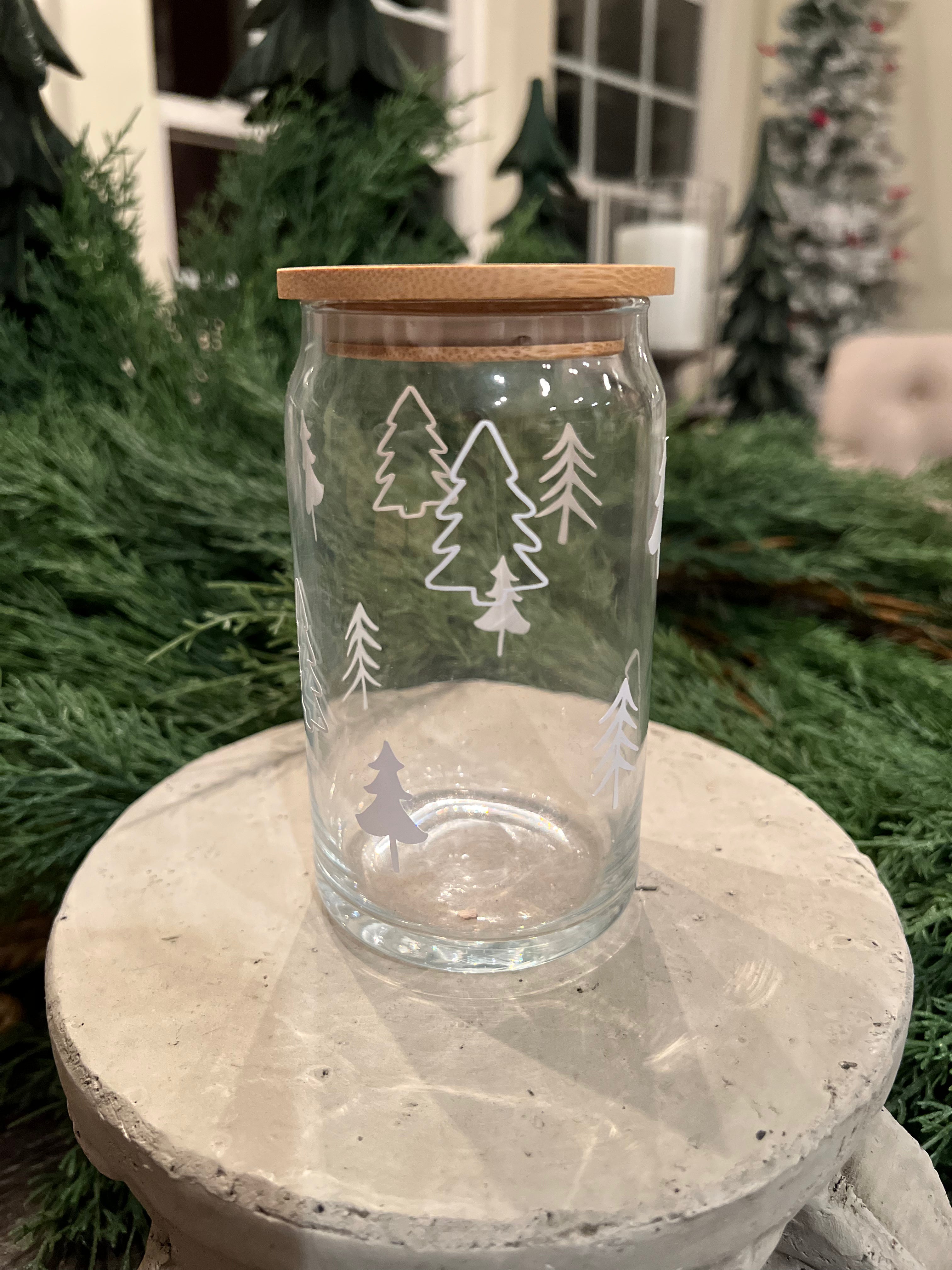 Simple Christmas Tree Glass Coffee Cup with Bamboo Lid and Glass Straw