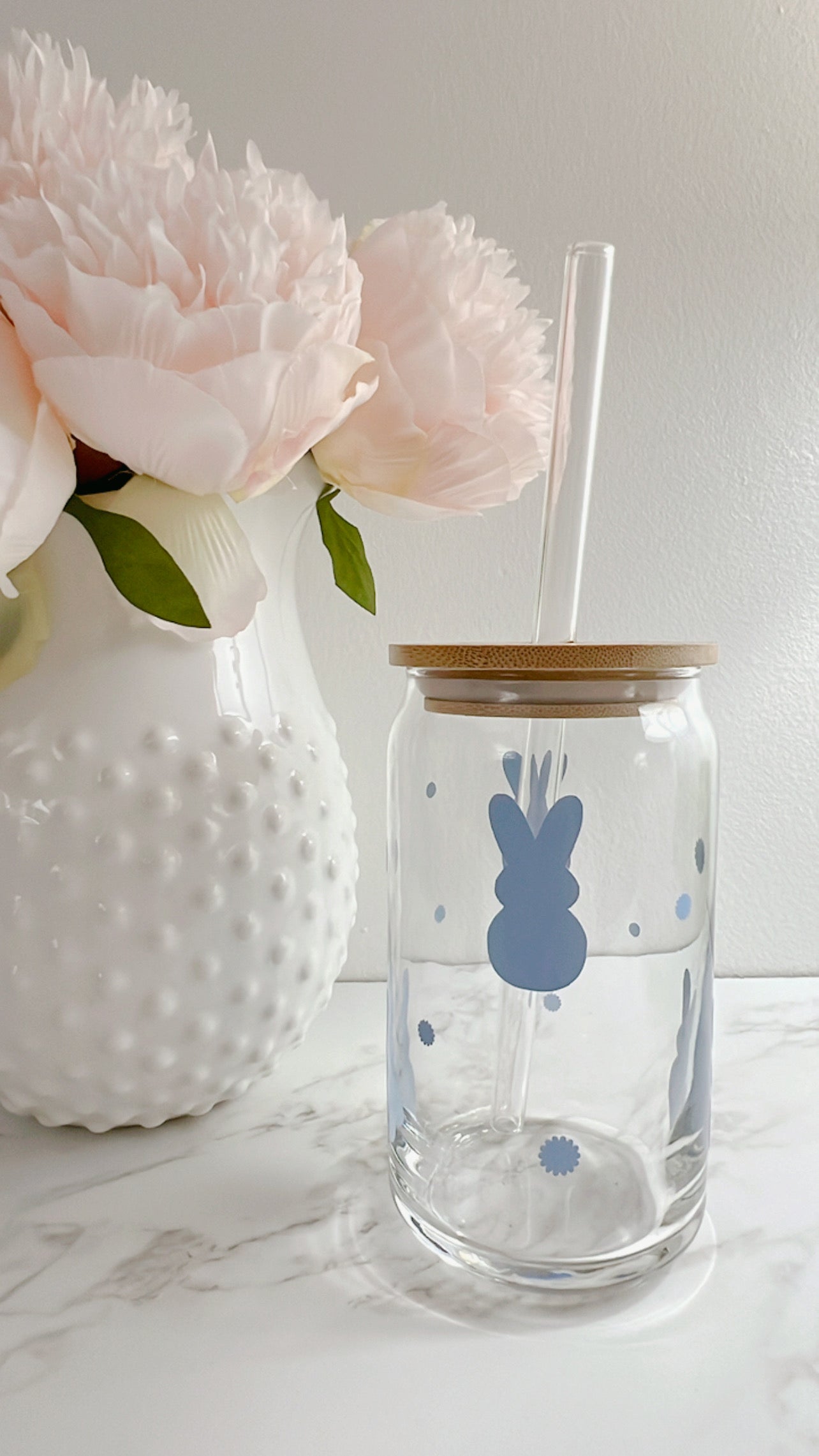 Easter Coffee Glass With Bamboo Lid & Glass Straw