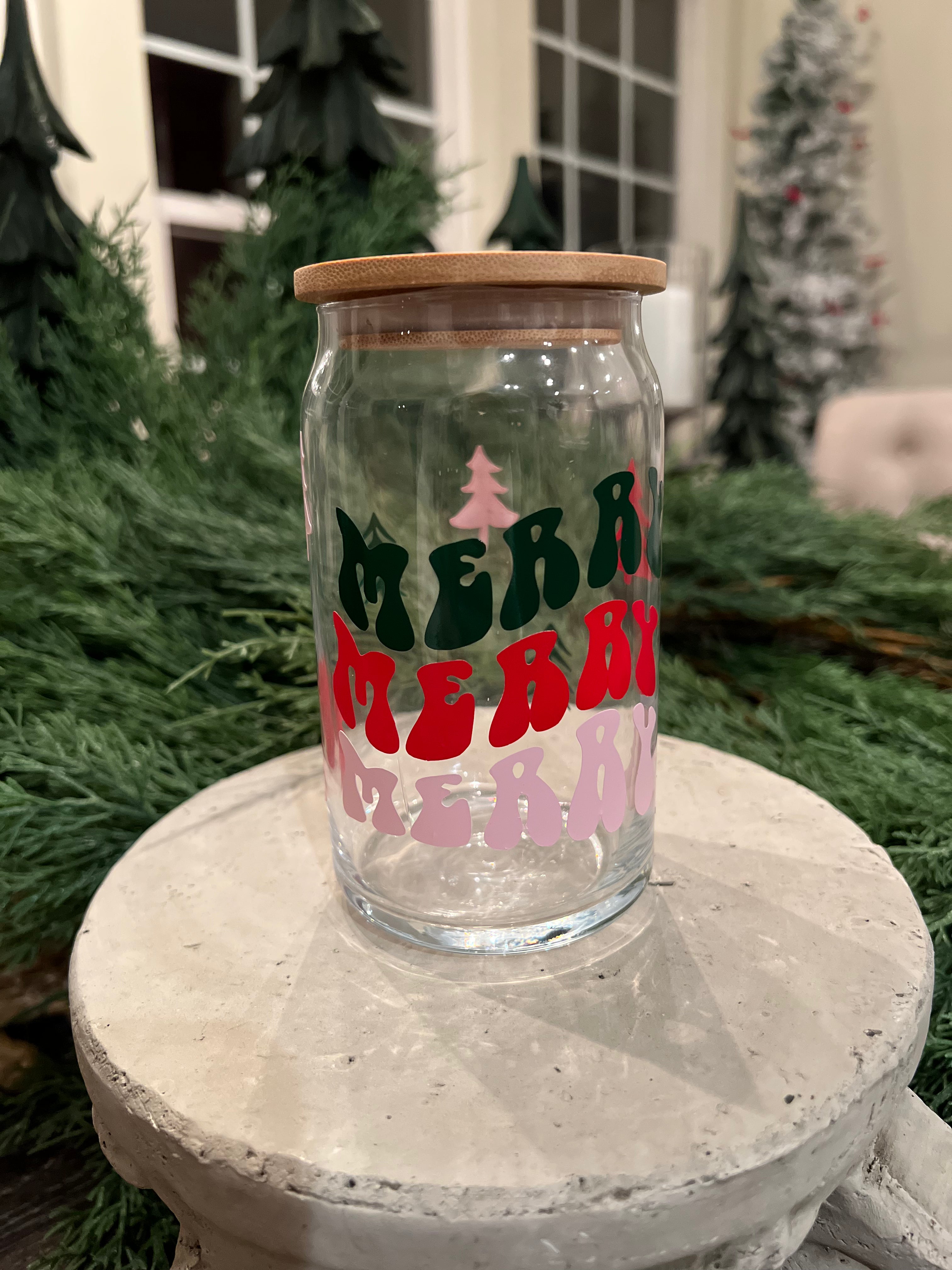 Merry Merry Merry Christmas Glass Coffee Cup with Bamboo Lid and Glass Straw