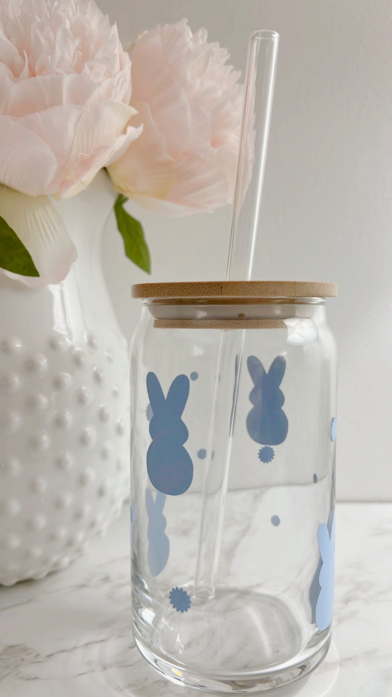 Easter Coffee Glass With Bamboo Lid & Glass Straw