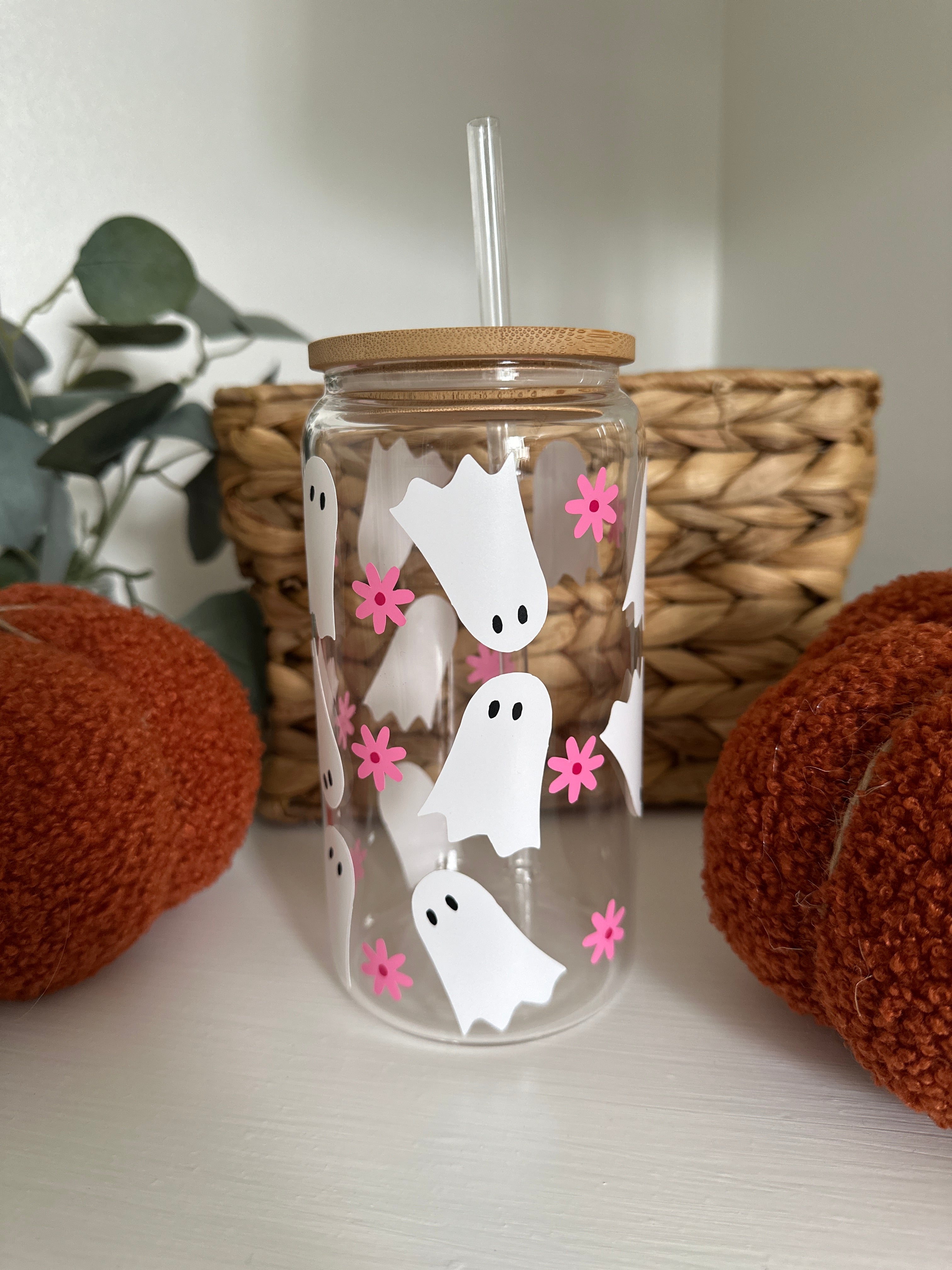 Ghost and Pumpkin Glass Cup with Bamboo Lid and Straw – Mrs Pretty