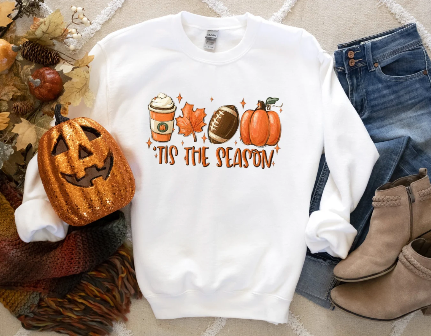 Tis the Season Fall Themed White Crewneck