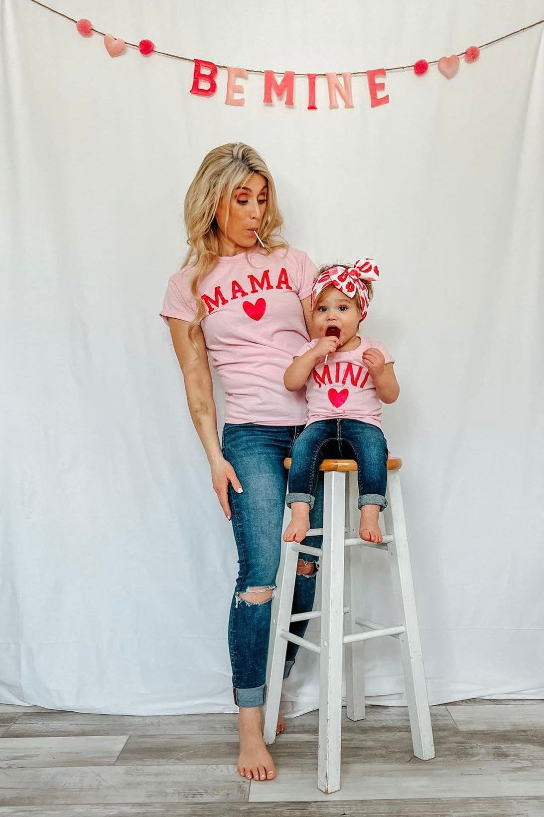 Mama and Mini Matching Light Pink and Red Valentines Day T-Shirt Set
