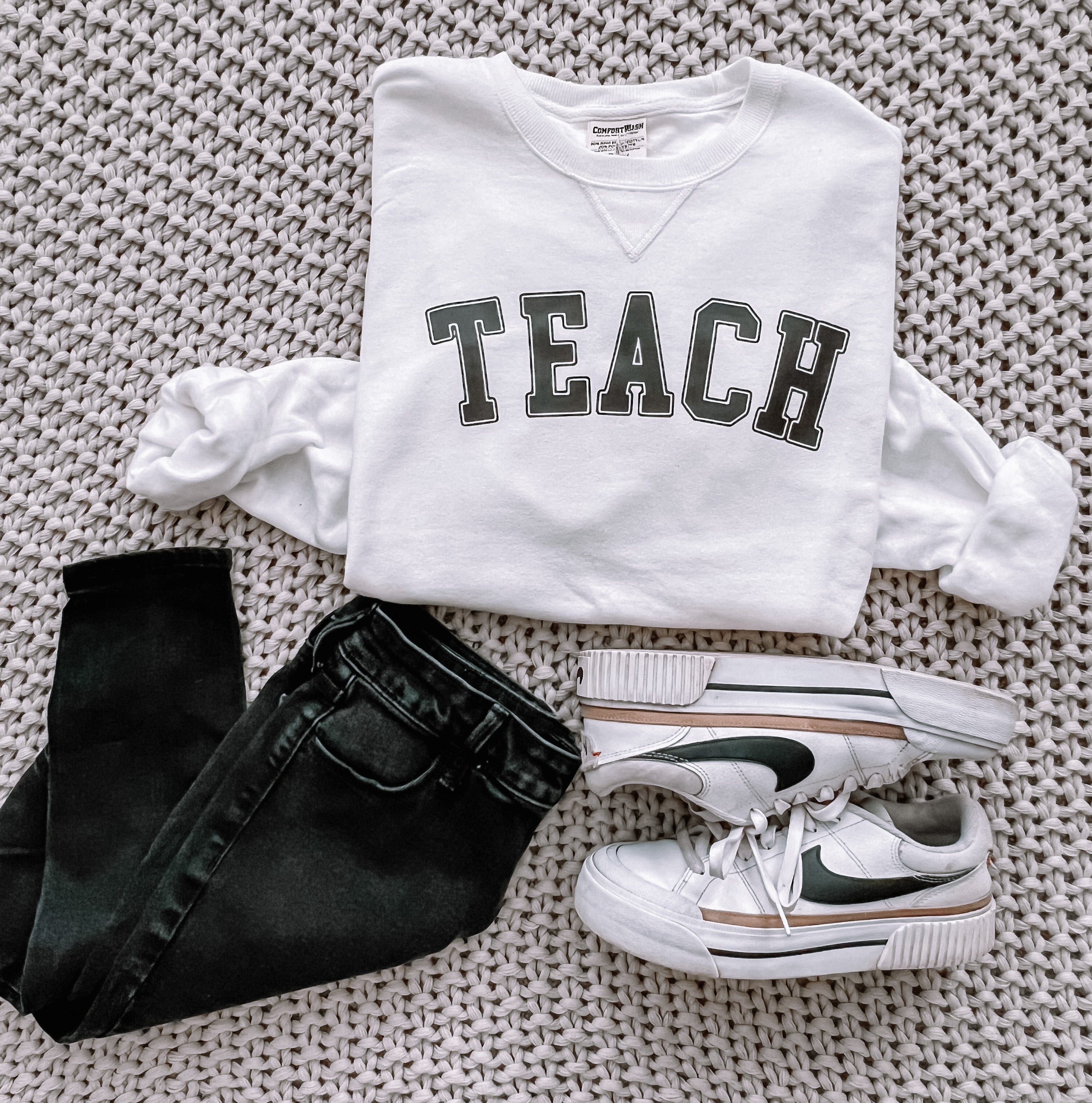 White Comfy Teach Crewneck Sweatshirt