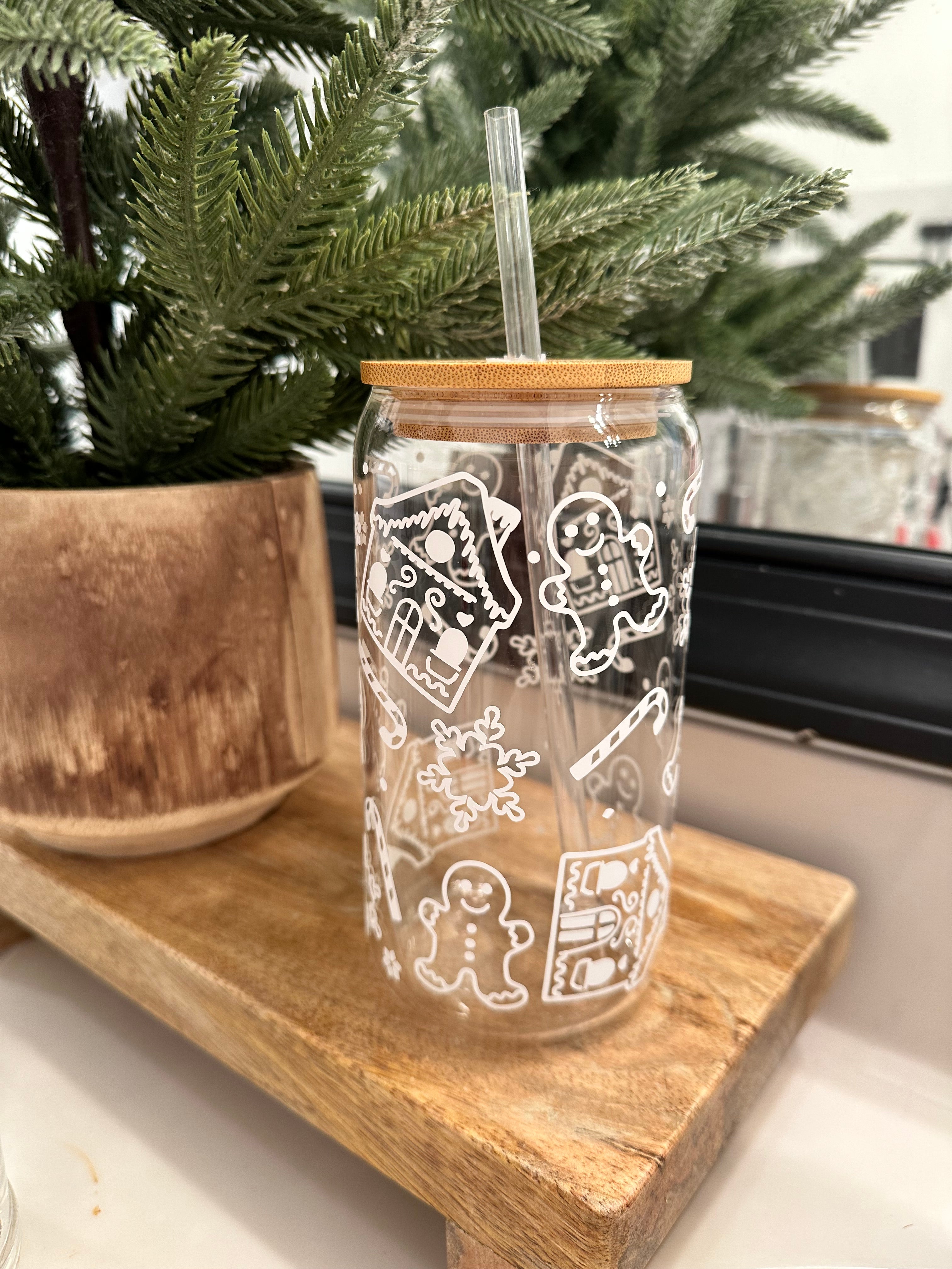 Gingerbread House and Christmas Tree Glass Coffee Cup With Bamboo Lid and Glass Straw