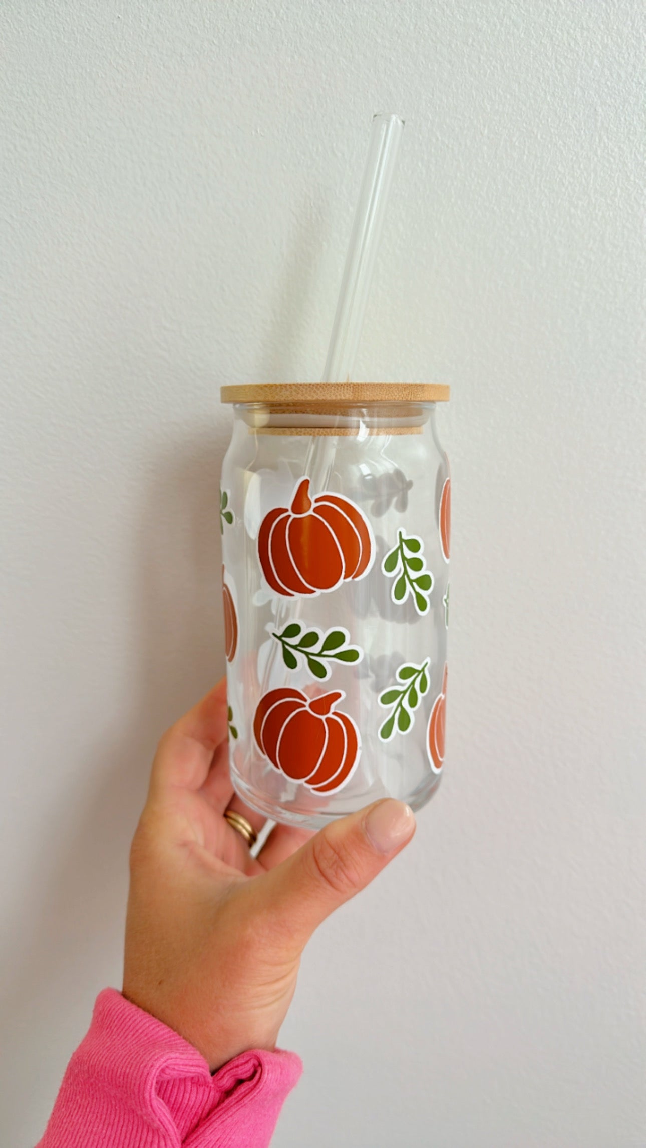 Fall Pumpkin Glass Iced Coffee Cup With Bamboo Lid & Glass Straw