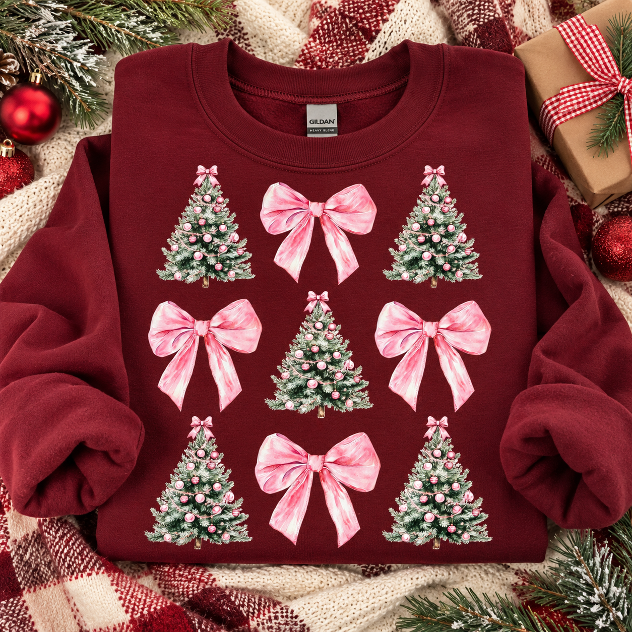 Maroon Christmas Tree Sweatshirt with Pink Bows, Christmas Crewneck, Pink Bow Holiday Sweatshirt,