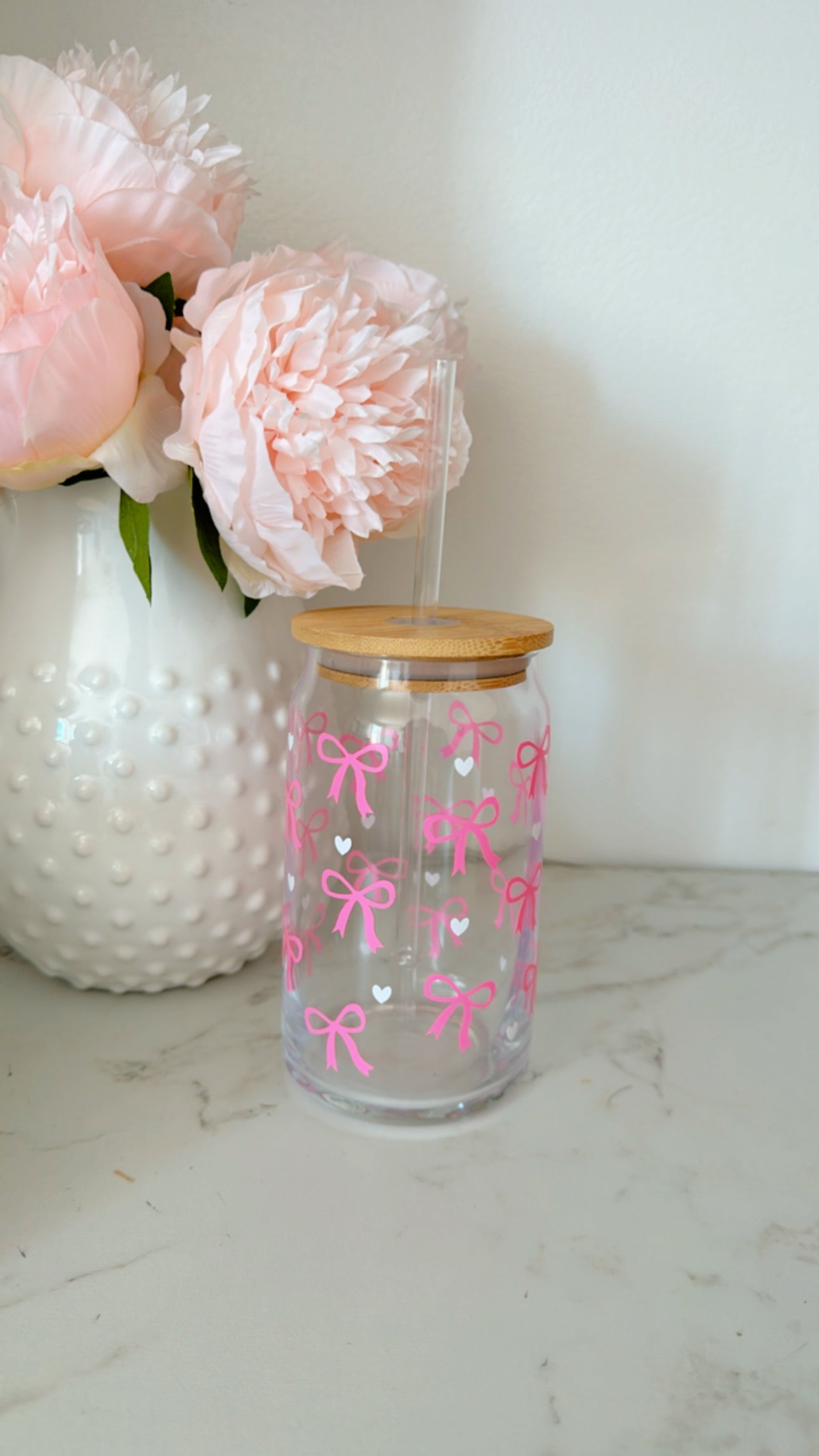 Coquette Pink Bow Glass With Bamboo Lid & Glass Straw
