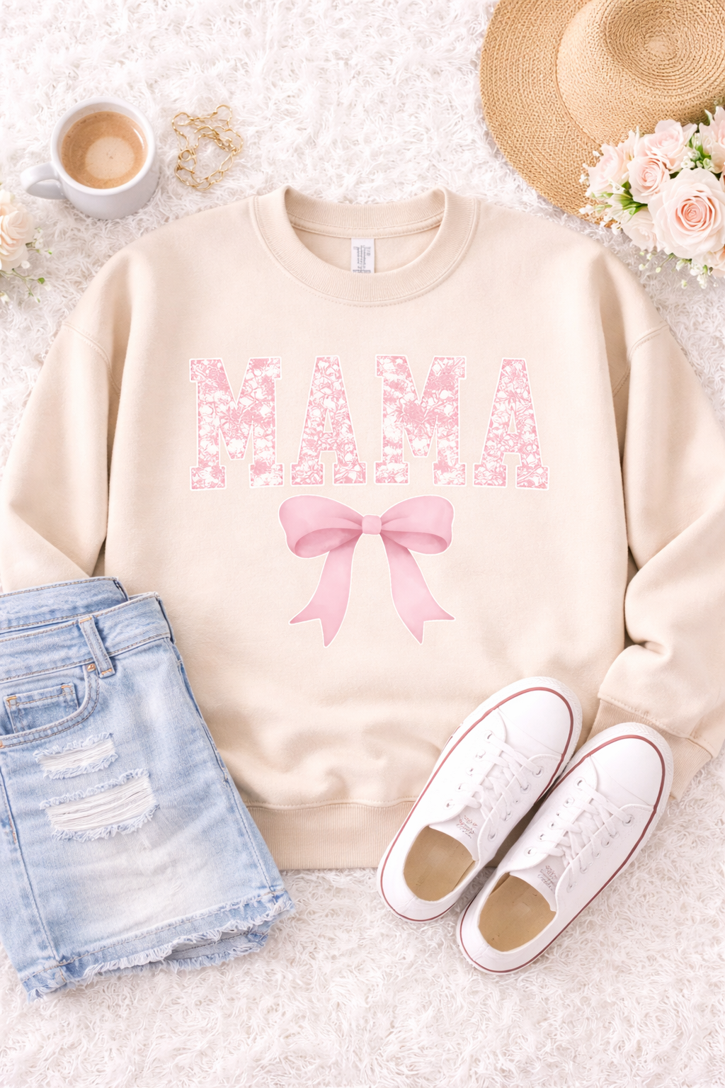 Mama Tan Pastel Pink Floral Bow Crewneck | Floral Bow Mama Sweatshirt | Trendy Mom Crewneck | Neutral Mama Pullover | Mother’s Day Gift