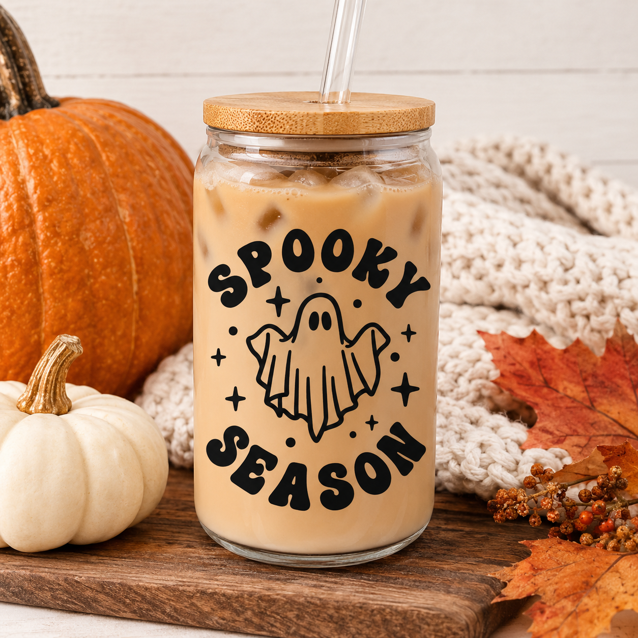 Spooky Season Ghost Halloween Glass Iced Coffee Cup With Bamboo Lid & Glass Straw