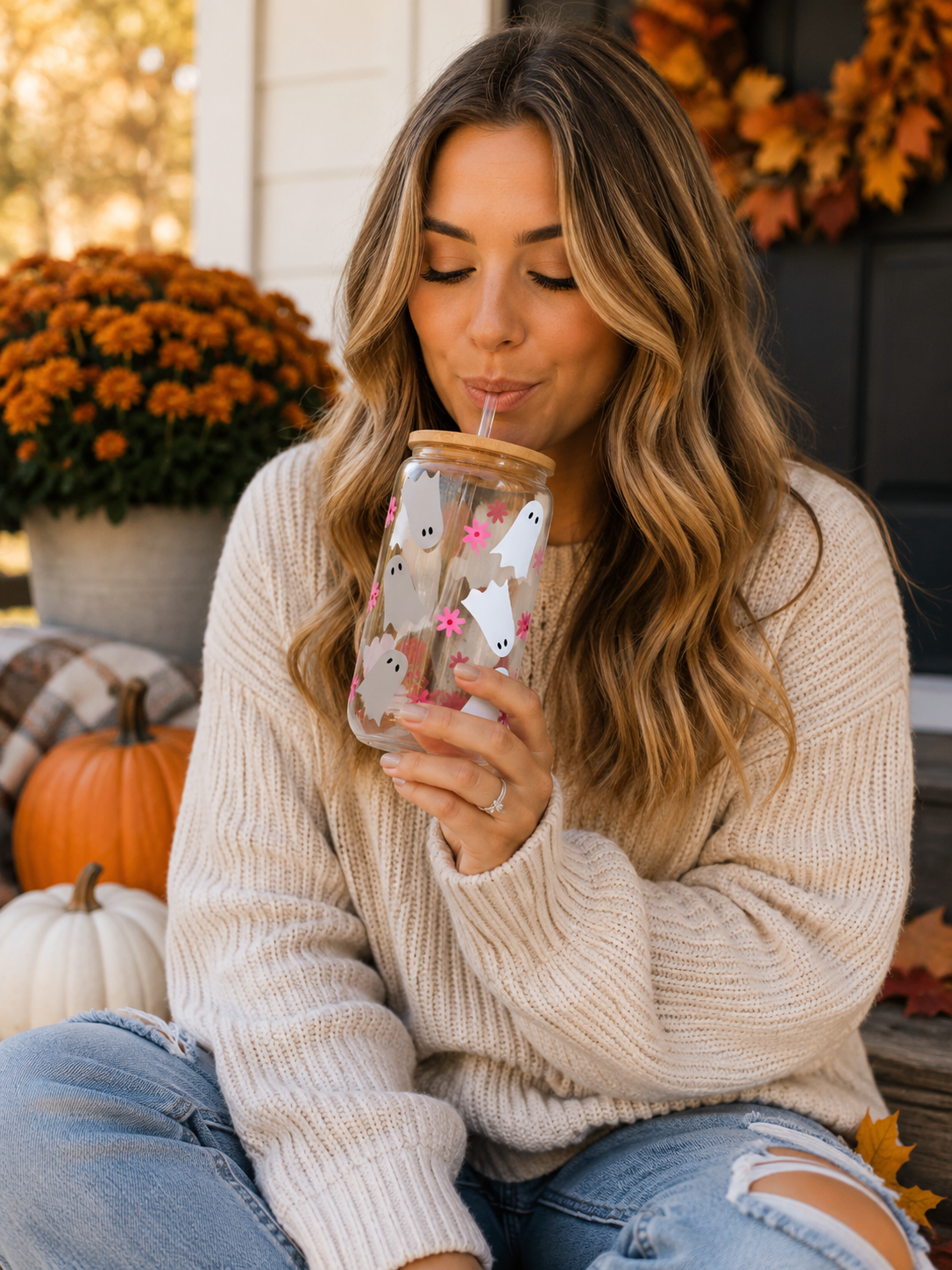 Pink Ghost Halloween Glass Iced Coffee Cup With Bamboo Lid & Glass Straw