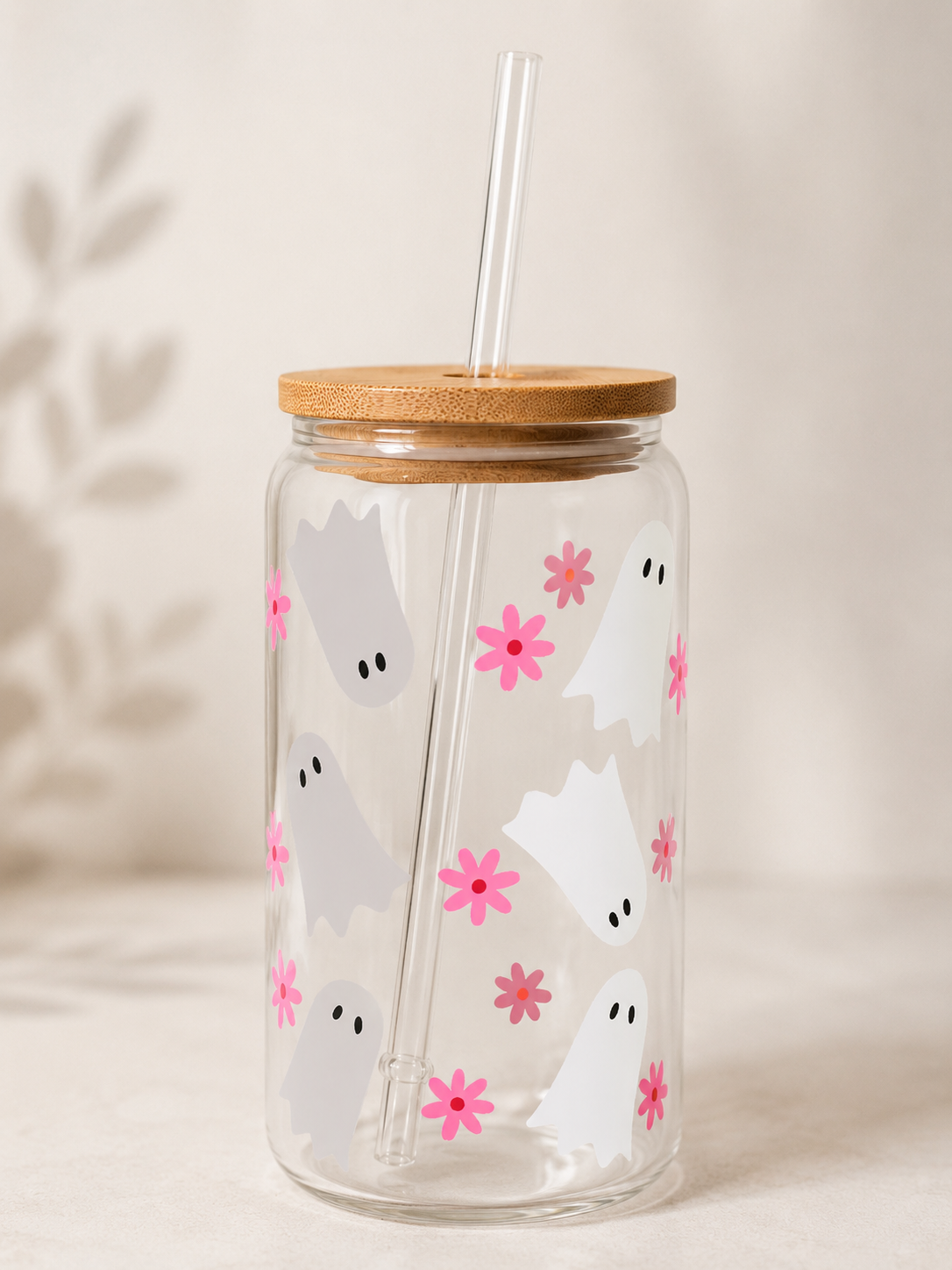 Pink Ghost Halloween Glass Iced Coffee Cup With Bamboo Lid & Glass Straw