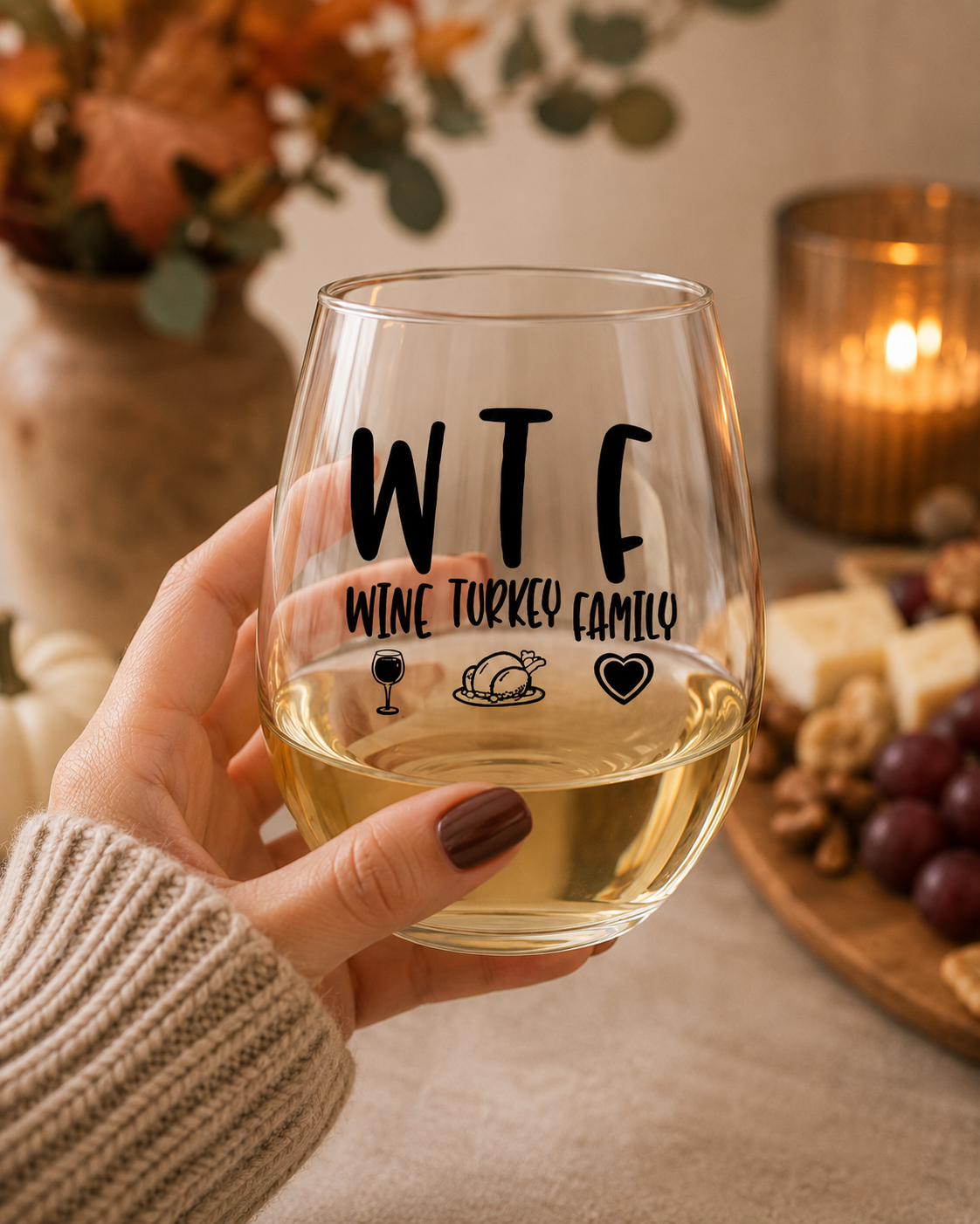 WTF Wine Turkey Family Stemless Wine Glass - Funny Thanksgiving Gift