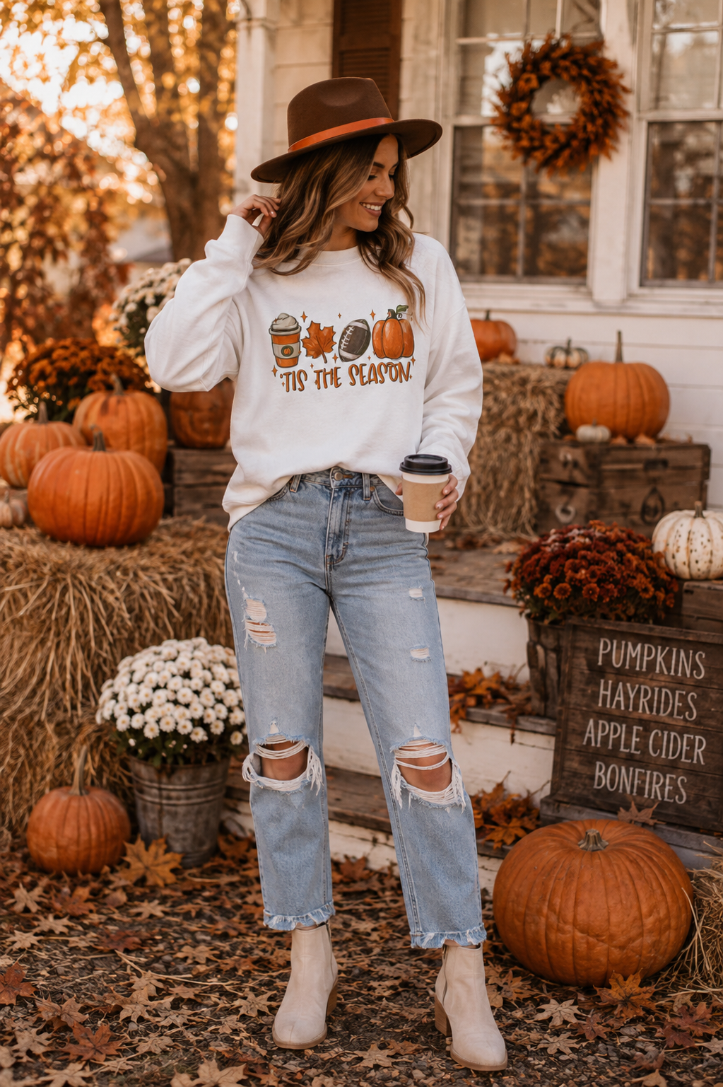 Tis the Season Fall Themed White Crewneck